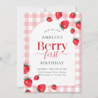 Pink Gingham Berry First Birthday Strawberry Girl Einladung