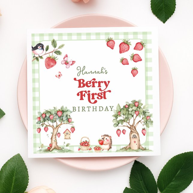 Pink Gingham Berry First Strawberry 1st Birthday Serviette (Von Creator hochgeladen)