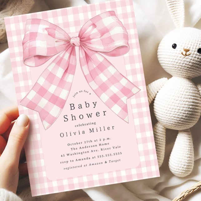 Pink Gingham Bow Baby Dusche Einladung (Von Creator hochgeladen)