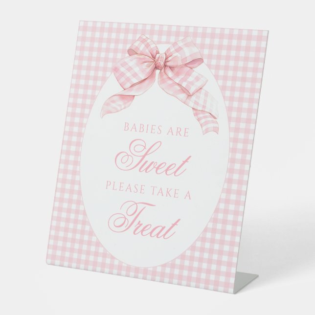 Pink Gingham Bow Baby Girl Dusche Babys sind süß Sockelschild (Vorderseite)