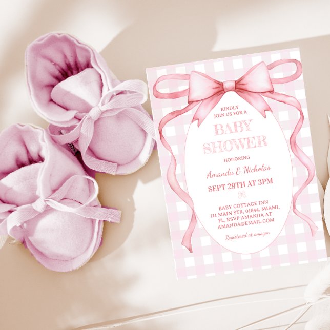 Pink Gingham Bow Baby Girl Dusche Einladung (Von Creator hochgeladen)
