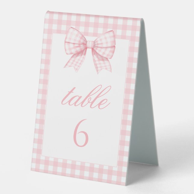 Pink Gingham Bow Baby Girl Dusche Tischnummern Tischaufsteller (Vorderseite)