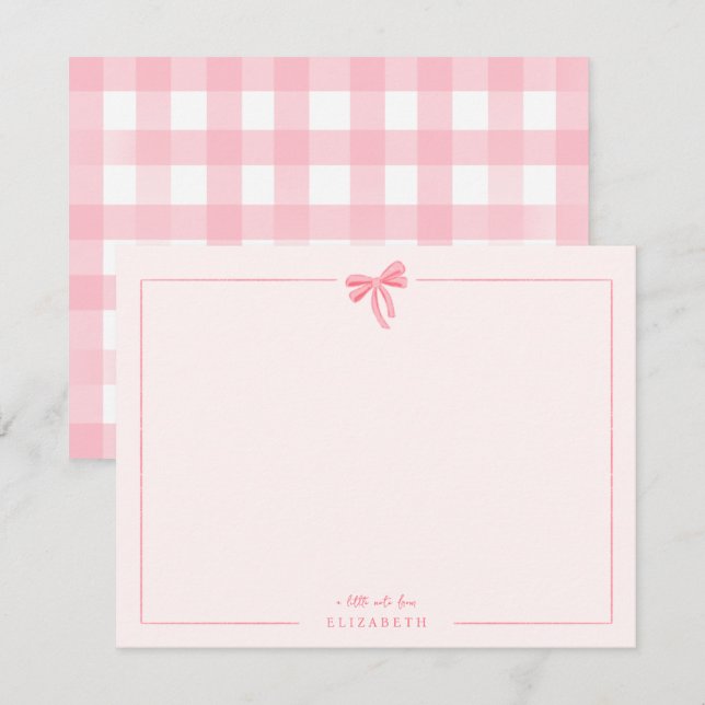 Pink Gingham Bow Baby Kinder Personalisiert Statio Mitteilungskarte (Vorne/Hinten)