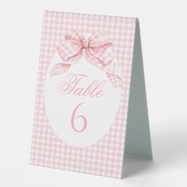 Pink Gingham Bow Preppy Baby Girl Tischnummern Tischaufsteller (Vorderseite)