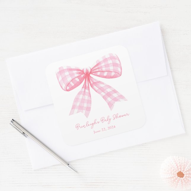 Pink Gingham Bow Ribbon Coquette Label Quadratischer Aufkleber (Umschlag)