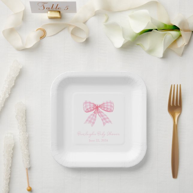 Pink Gingham Bow Ribbon Coquette Personalisiert Pappteller (Hochzeit)