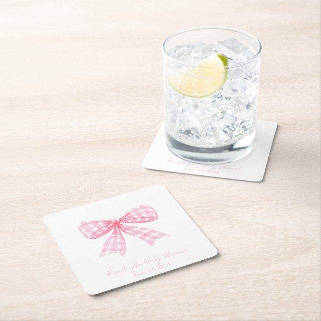 Pink Gingham Bow Ribbon Coquette Personalisiert Rechteckiger Pappuntersetzer (Vor Ort)