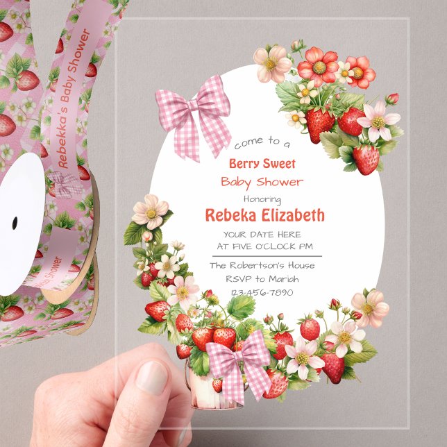  Pink Gingham Bow Strawbery Baby Shower Invitation Acryleinladungen (Von Creator hochgeladen)