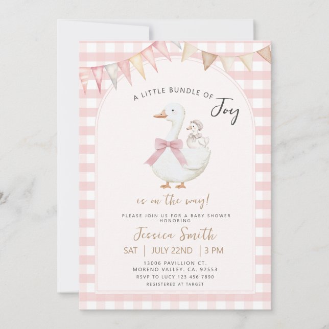 Pink Gingham Bundle of joy Goose Baby Shower Einladung (Vorderseite)