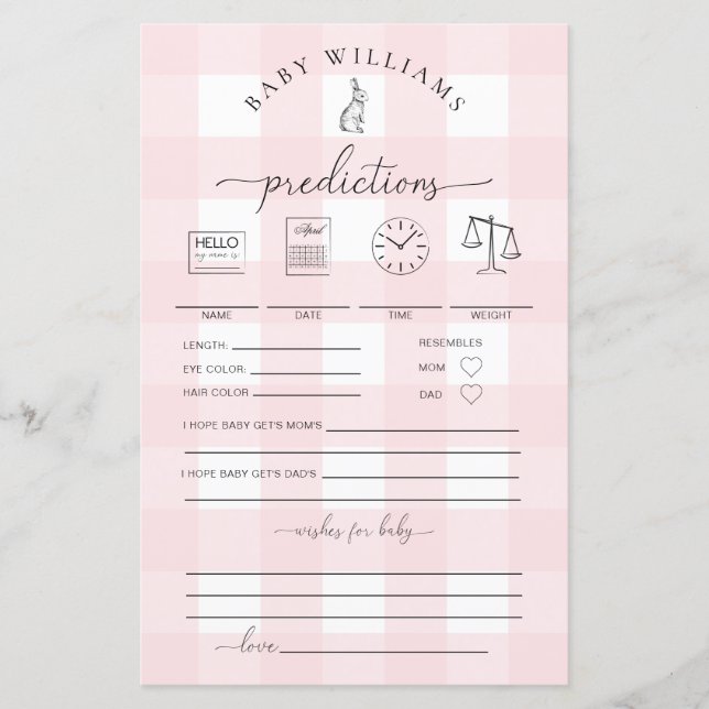 Pink Gingham Bunny Baby Predictions Game (Vorderseite)