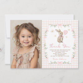 Pink Gingham Bunny Bow Girl Birthday Photo Dankeskarte