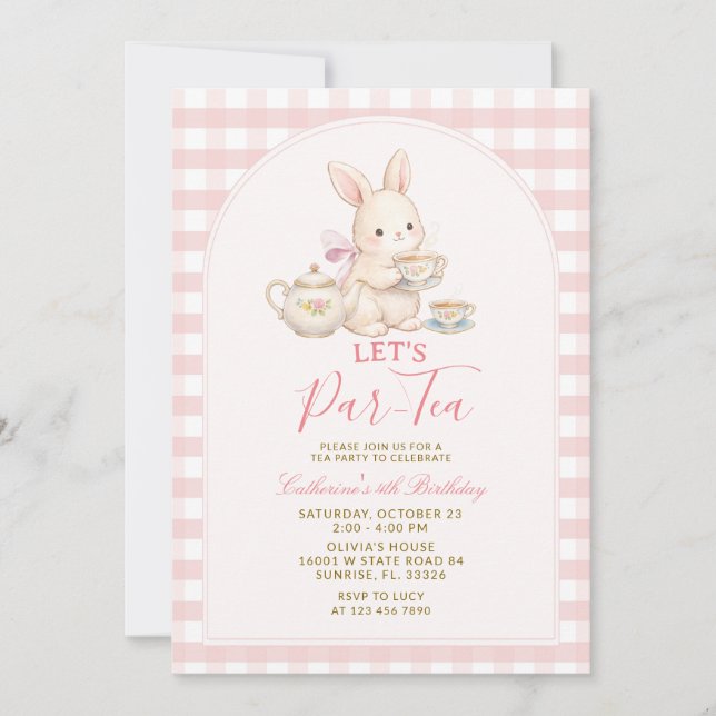 Pink Gingham Bunny Tea Party Birthday Invitation (Devant)