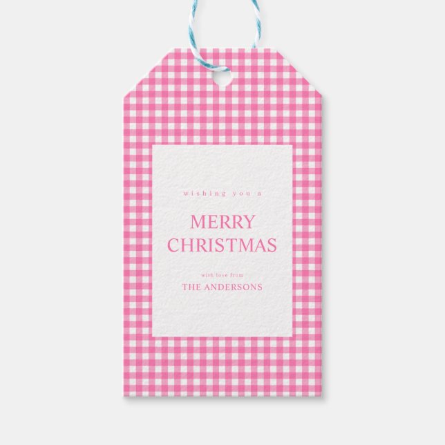 Pink Gingham Christmas Geschenkanhänger (Vorderseite)