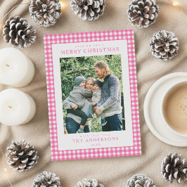 Pink Gingham Christmas Photo Feiertagskarte