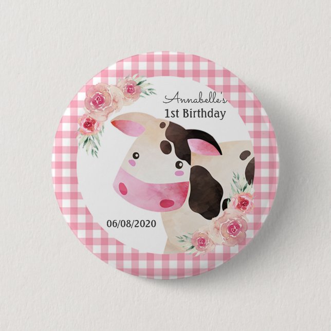 Pink Gingham Cow Birthday Gevor Button (Vorderseite)