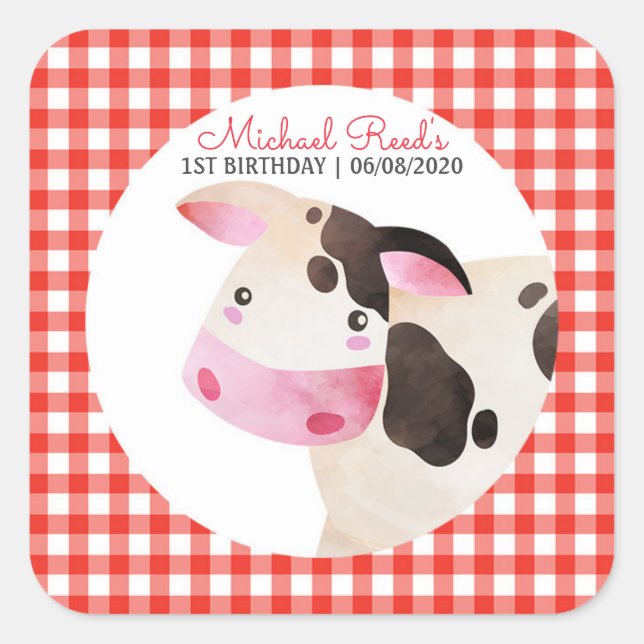 Pink Gingham Cow Farm Animal Birthday Barnyard Quadratischer Aufkleber (Vorderseite)