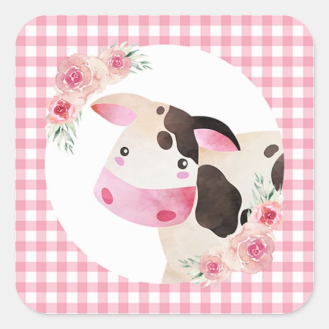 Pink Gingham Cow Floral Quadratischer Aufkleber (Vorderseite)