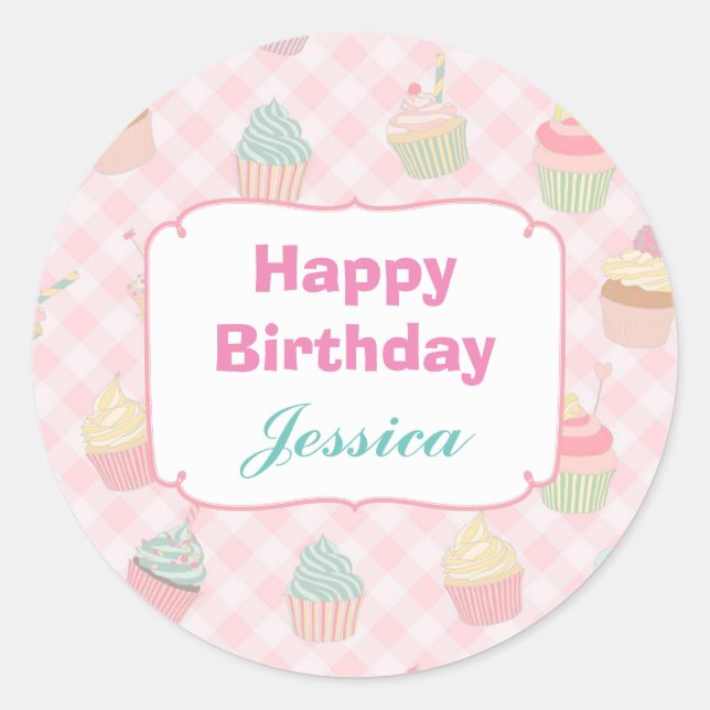 Pink Gingham Cupcake Personalisiert Geburtstag Runder Aufkleber (Vorderseite)
