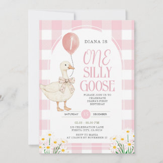 PINK Gingham Daisy One Albern Goose Birthday Einladung