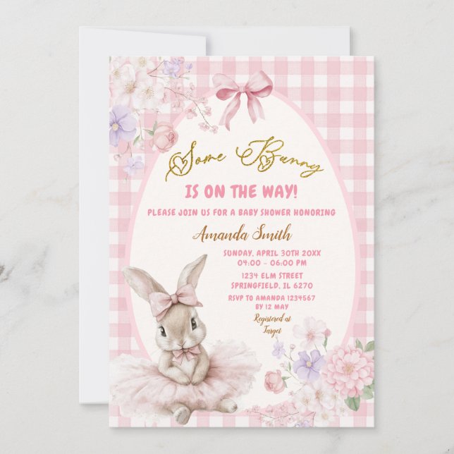 Pink Gingham Easter Some Bunny Floral Baby Shower Einladung (Vorderseite)