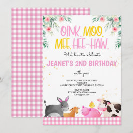 Pink Gingham Farm Animals Girls Birthday Barnyard Einladung