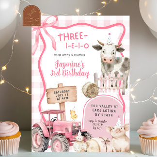 Pink Gingham Farm Birthday  Einladung