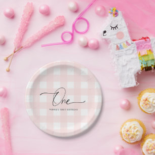 Pink Gingham First Birthday Paper Teller