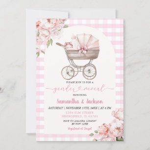 Pink Gingham Floral Baby Carriage Gender Reveal Einladung