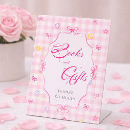 Pink Gingham Floral Baby Shower Books and Gifts Sockelschild