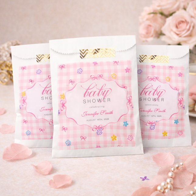 Pink Gingham Floral Bow Baby Shower Favor Bags Geschenktütchen (Von Creator hochgeladen)