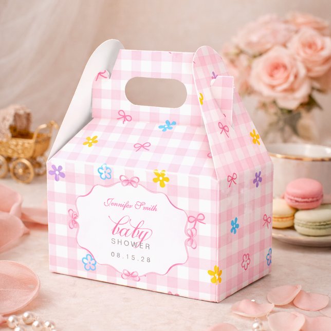 Pink Gingham Floral Bow Baby Shower Favor Boxes Geschenkschachtel (Von Creator hochgeladen)