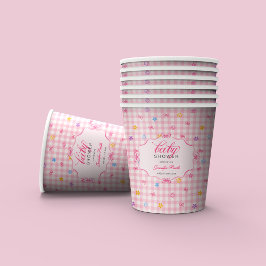 Pink Gingham Floral Bow Baby Shower Paper Cups Pappbecher