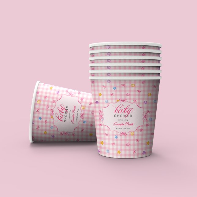 Pink Gingham Floral Bow Baby Shower Paper Cups Pappbecher (Von Creator hochgeladen)