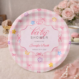 Pink Gingham Floral Bow Baby Shower Paper Plates Pappteller