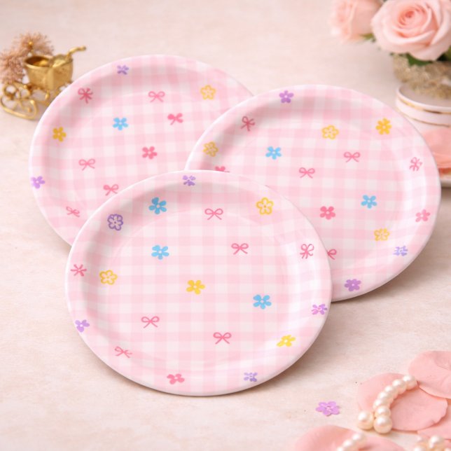 Pink Gingham Floral Bow Baby Shower Paper Plates Pappteller (Von Creator hochgeladen)