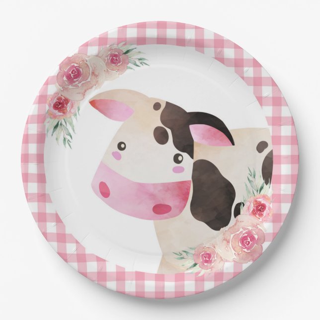 Pink Gingham Floral Cow Farm Pappteller (Vorderseite)