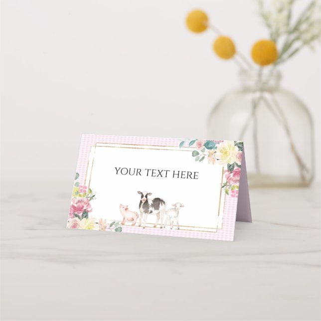 Pink Gingham Floral Landtiere Platzkarte (Vorderseite)