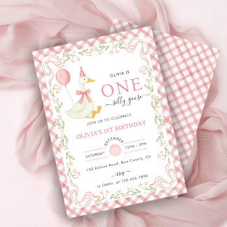 Pink Gingham Floral One Silly Goose 1st Birthday Einladung
