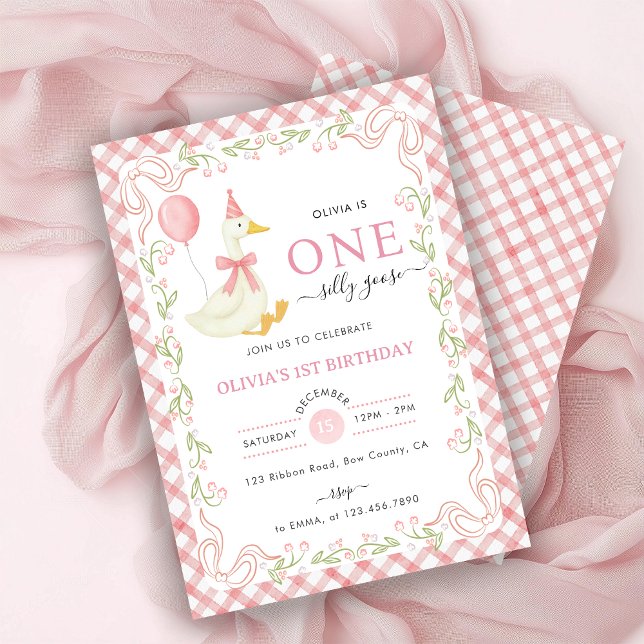 Pink Gingham Floral One Silly Goose 1st Birthday Einladung (Von Creator hochgeladen)