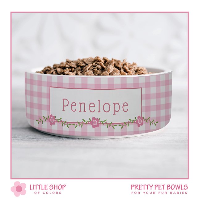Pink Gingham Floral Personalisiert Pet Napf (Von Creator hochgeladen)