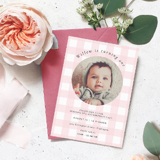 Pink Gingham Foto Birthday Einladung