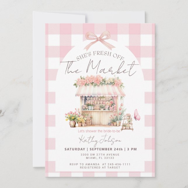 Pink Gingham Fresh Off The Market Bridal Shower  Einladung (Vorderseite)