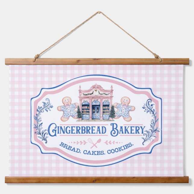 Pink Gingham Gingerbrot Bäckerei Wandteppich Mit Holzrahmen (Vorne)