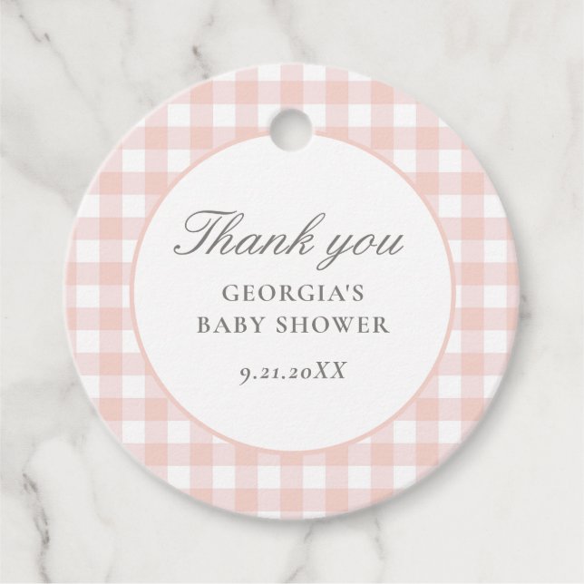 Pink Gingham Girl Baby Dusche Geschenkanhänger (Vorderseite)