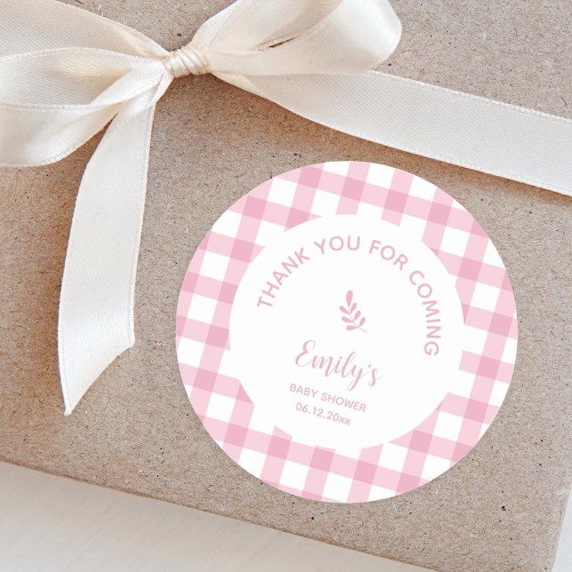 Pink Gingham Girl Babydusche Danke, dass ihr gekom Runder Aufkleber (Von Creator hochgeladen)