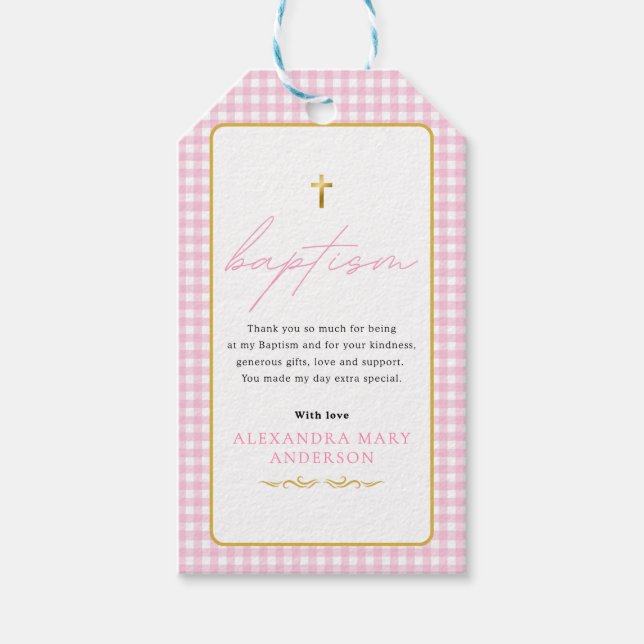 Pink Gingham Girl Baptism - Danke, dass du gekomme Geschenkanhänger (Vorderseite)