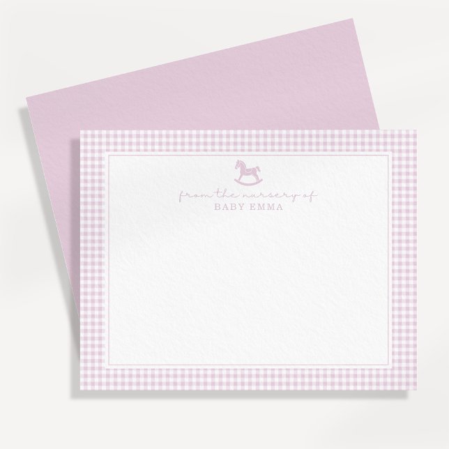 Pink Gingham  Girl  Nursery Note Card Ankündigung (Von Creator hochgeladen)