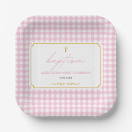 Pink Gingham Girl Taufe Modernes Minimalistisches Pappteller