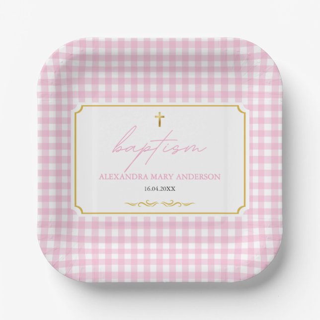 Pink Gingham Girl Taufe Modernes Minimalistisches  Pappteller (Vorderseite)