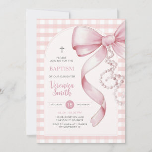 Pink Gingham Girl Taufe Pink Bow Pearl Necklace Einladung